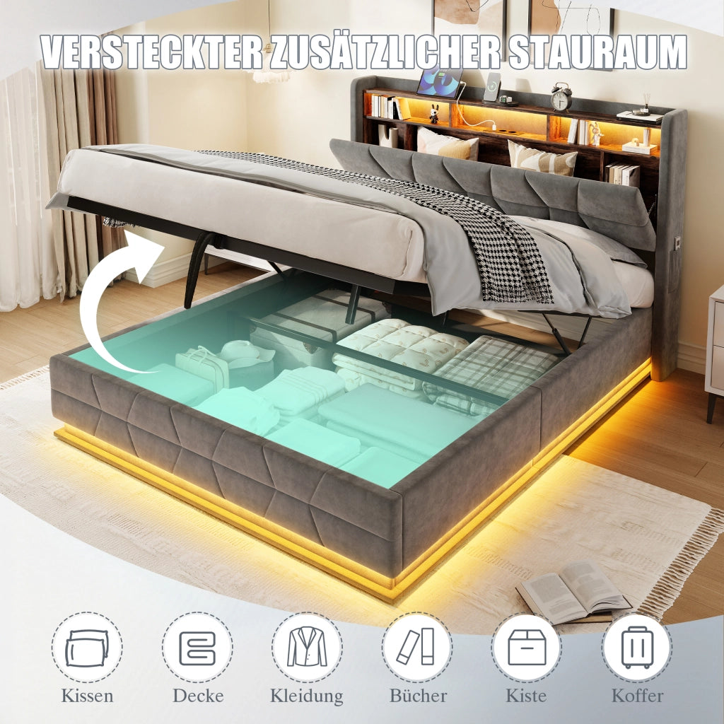 Letto contenitore 140 × 190 cm con LED, ripiani aperti, tasche laterali e USB Type-C, senza materasso, grigio scuro