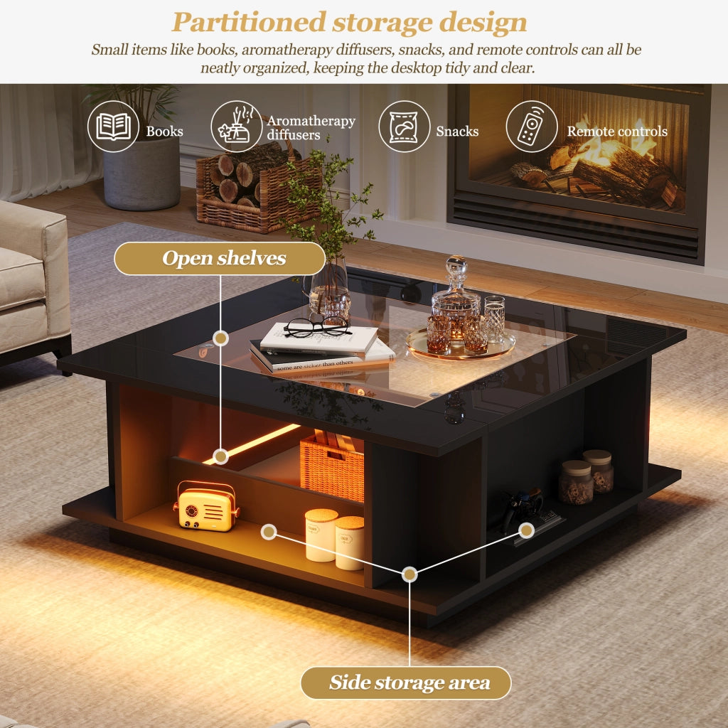 Tavolino basso con LED, piano in vetro e vani aperti, per soggiorno, in truciolare nero, 70 × 70 × 30 cm
