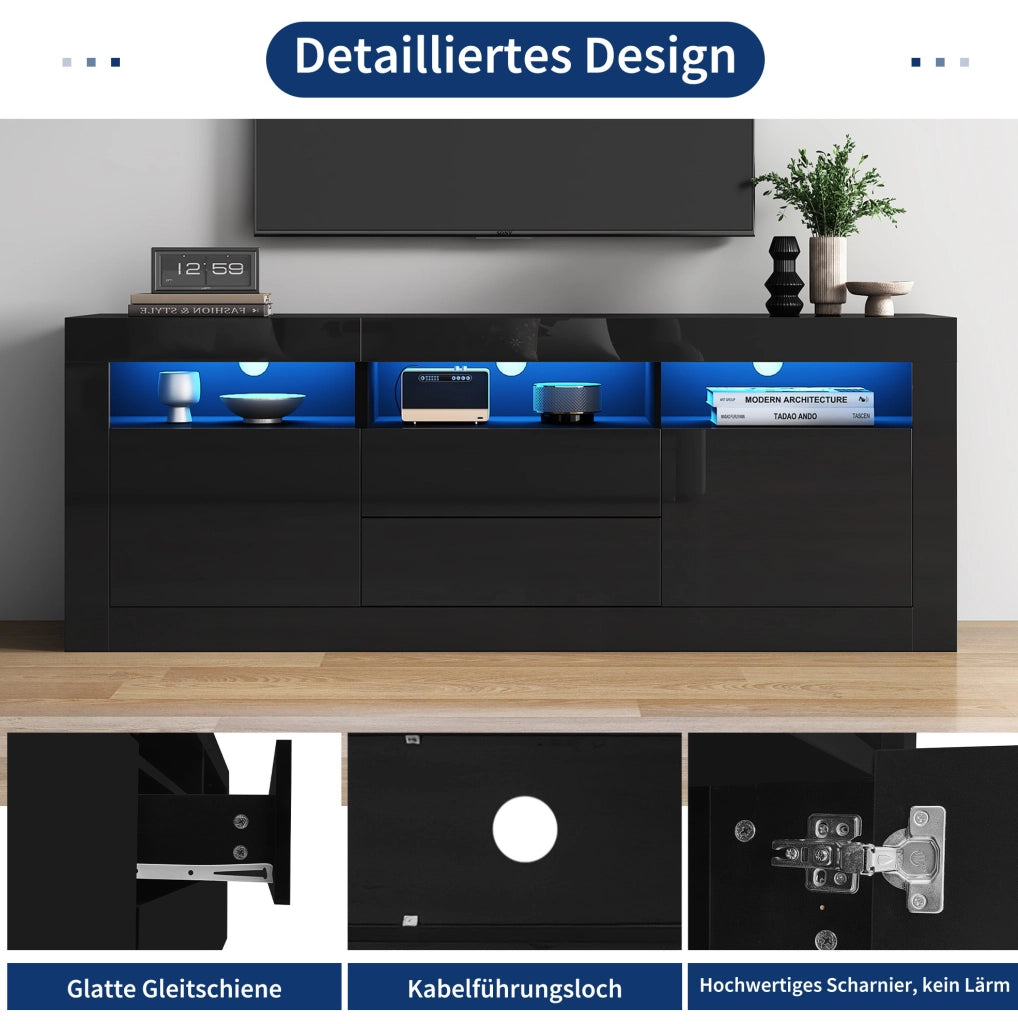 Mobile TV nero lucido 160x35x60 cm con LED Bluetooth, 2 ante e 2 cassetti