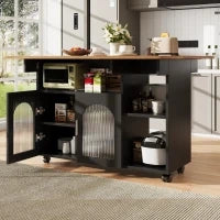 Isola cucina moderna con spazio di conservazione e armadietti con ante in vetro, 120×30×79,5 cm, Nero e Legno naturale