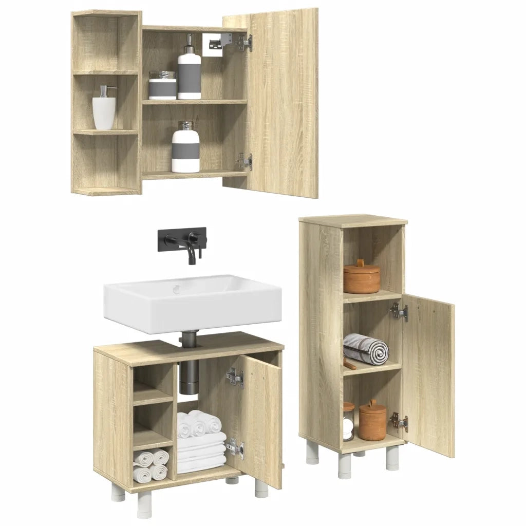 Set Mobili da Bagno | Armadio da bagno 3 pz Rovere Sonoma in Legno Multistrato