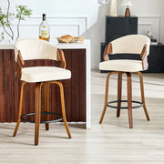 Sgabello da bar set da 2 con schienale e anello poggiapiedi, in legno e tessuto bianco 66 × 56 × 55 cm