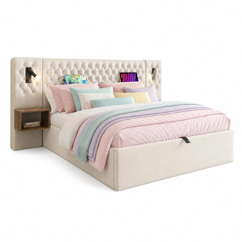 Letto matrimoniale 160x200 cm con contenitore idraulico; 2 comodini; luci lettura e porte USB; beige in velluto
