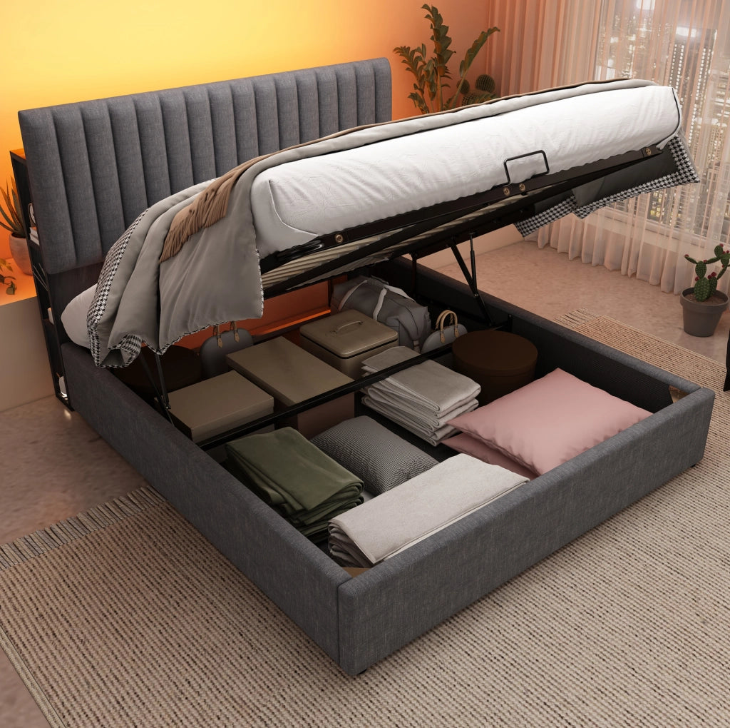 Letto matrimoniale imbottito con contenitore; testiera LED con USB e Type-C; grigio 160x200 cm