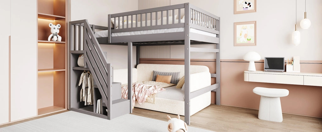 DESMIU Letto a soppalco 2 posti con scala contenitore e sponda alta 140 × 200 cm senza materasso grigio