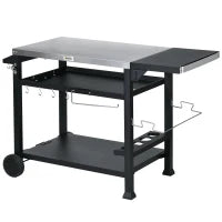 Carrello Barbecue con Tavolino Pieghevole in Acciaio Inox, 2 Ruote e Accessori, 125x65x84 cm, Nero