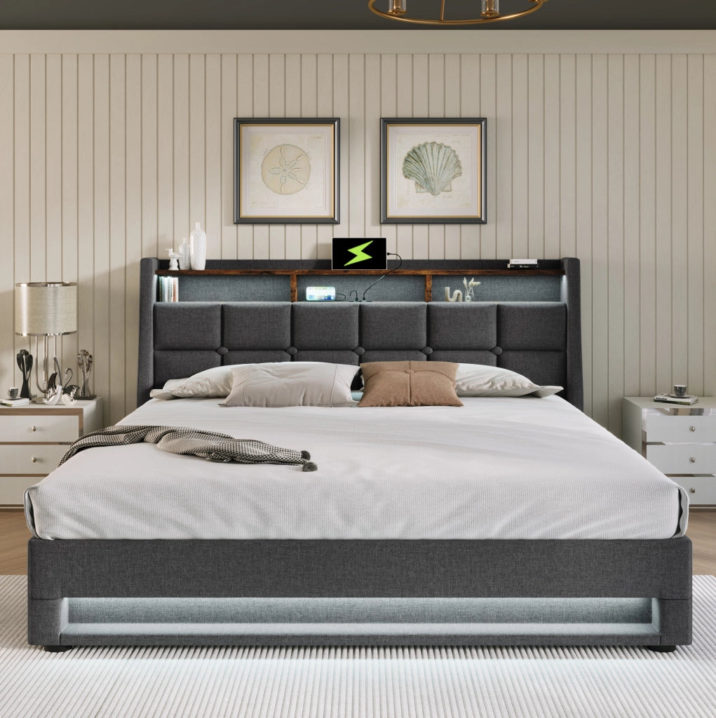 Letto imbottito 140x200 cm grigio con LED, USB e materasso H3