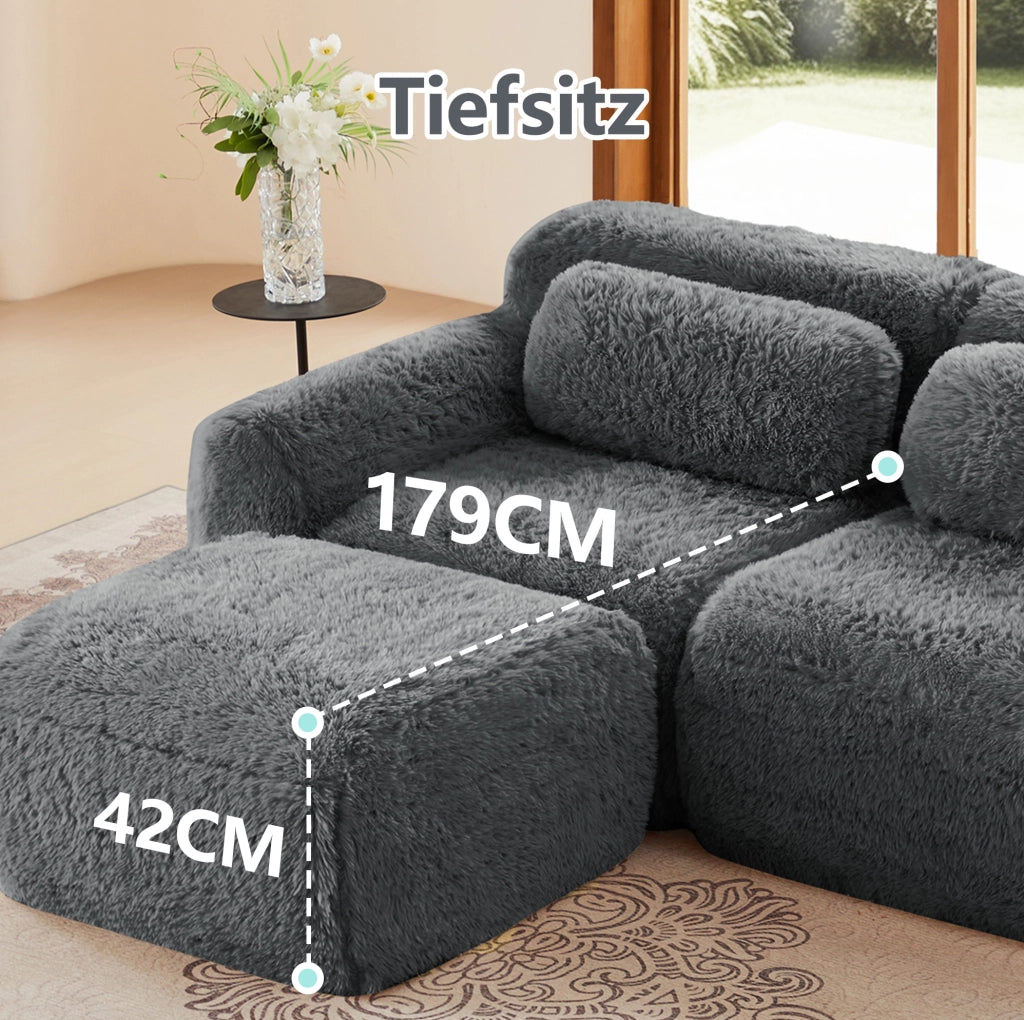 Divano angolare modulare 204x179x73 cm in tessuto plush grigio; senza montaggio