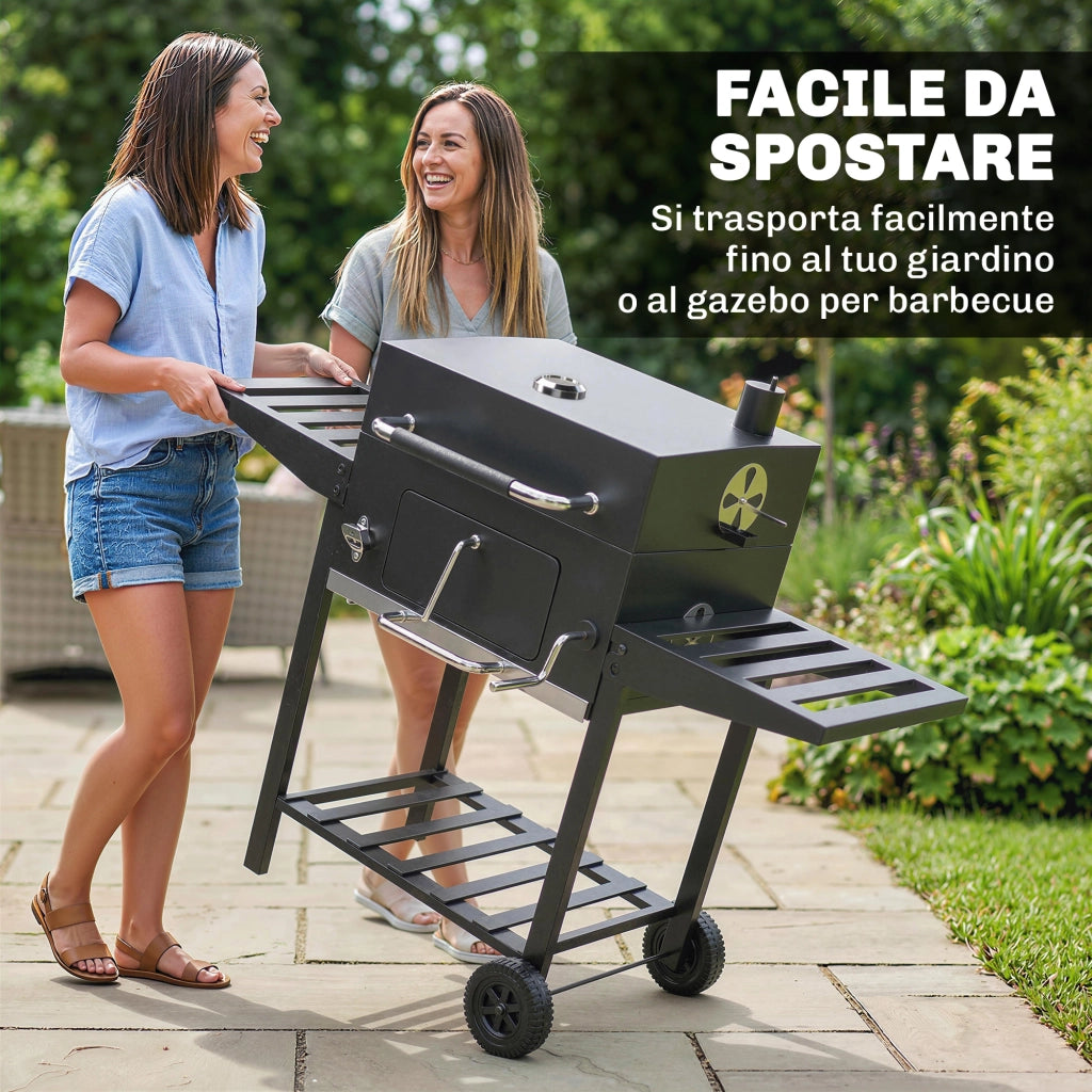 Barbecue a Carbone 133,5x65x110 cm a Rotelle con Griglia Regolabile e Ripiani Pieghevoli in Acciaio e PP Nero