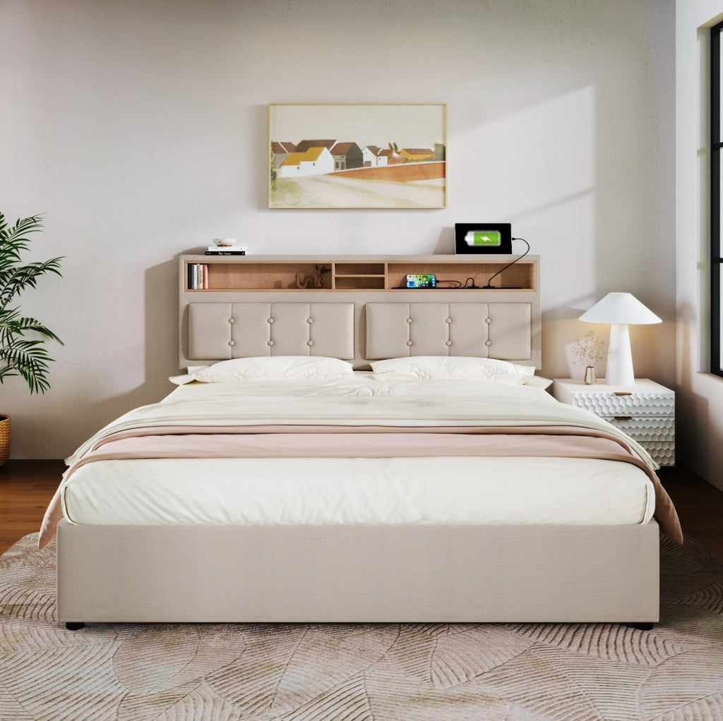 Letto matrimoniale imbottito 140x200 cm in lino con testiera regolabile; 4 cassetti; prese USB e Type C; beige chiaro