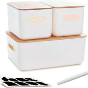 Set di 3 scatole di conservazione con coperchi in bambù, scatole di conservazione in plastica bianca per l'organizzazione, scatola di conservazione stivabile con maniglia per cucina, bagno