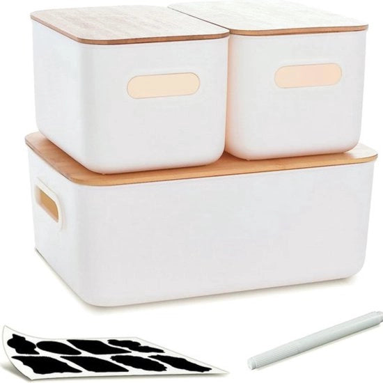 Set di 3 scatole di conservazione con coperchi in bambù, scatole di conservazione in plastica bianca per l'organizzazione, scatola di conservazione stivabile con maniglia per cucina, bagno