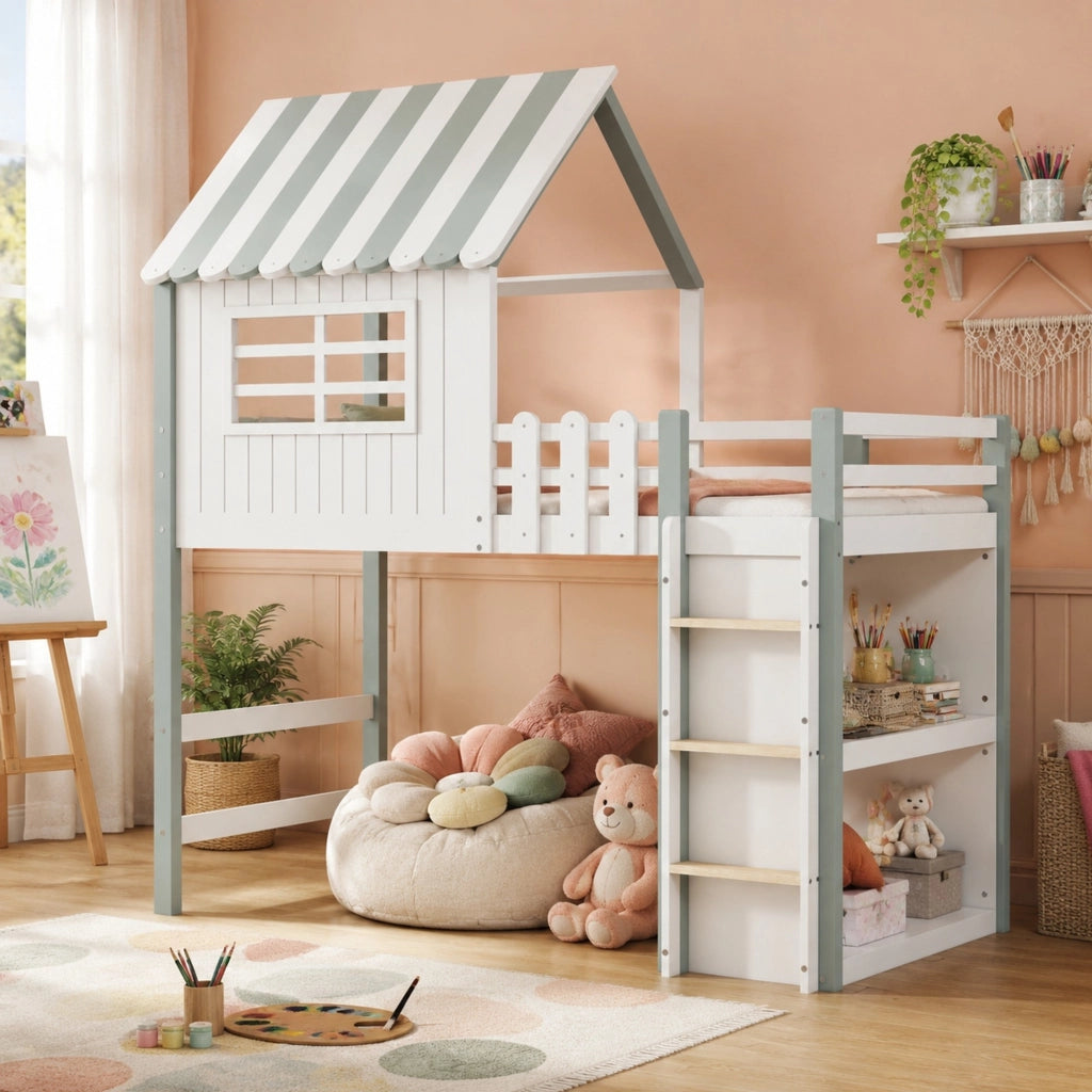 Letto per bambini 90x200 cm a forma di casa con sponde di sicurezza, scala e spazio contenitore