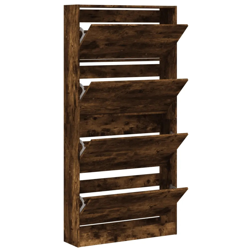 Scarpiera con 4 Cassetti Ribaltabili-Scaffale per scarpe Rovere Fumo 80x21x163,5 cm