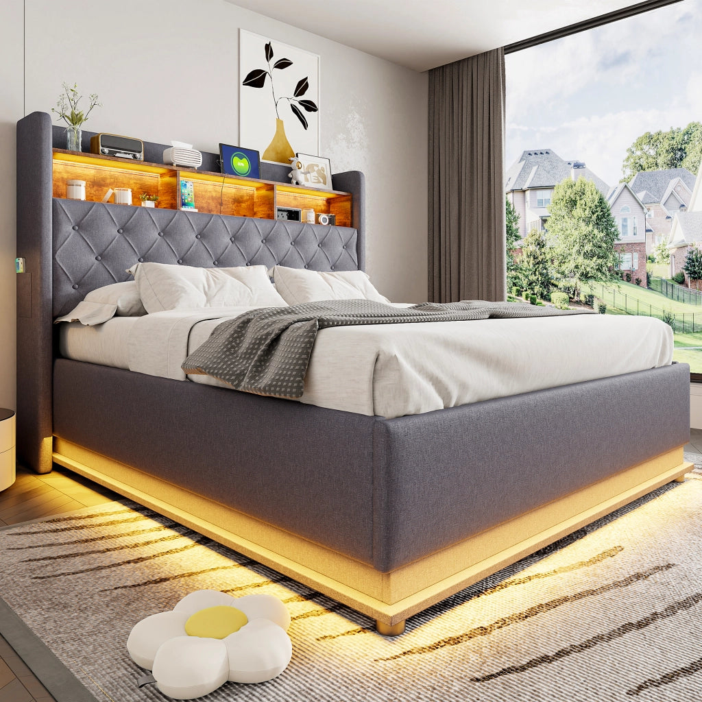Letto Contenitore 160 x 200 cm con LED; USB e vano idraulico in Tessuto Grigio