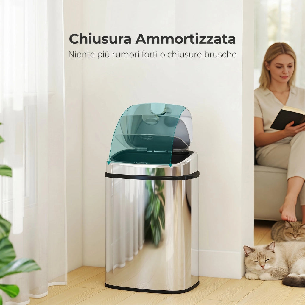 Pattumiera con Sensore a Infrarossi 40,5x29,5x58 cm Capacità da 50L con 2 Modalità di Apertura in Acciaio Inox Argento