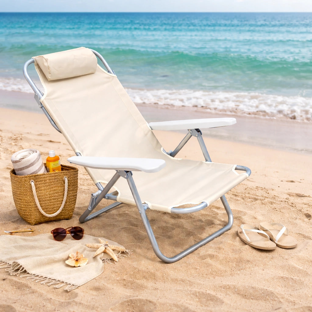 Sedia Spiaggina Prendisole Pieghevole Reclinabile 5 Posizioni Crema Mare Spaggia