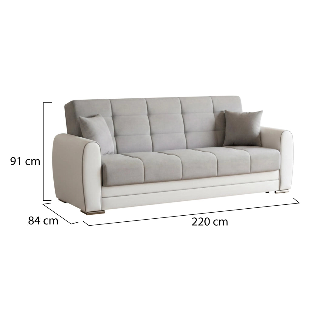 Divano letto Dike, Divano letto contenitore a 3 posti in ecopelle e tessuto, SofÒ  da soggiorno in tessuto imbottito con apertura click-clack, Cm 220x84h91, Bianco e Grigio