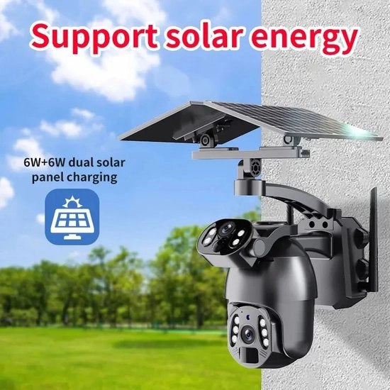Camera a doppio obiettivo alimentata da energia solare - 6mp Obiettivo a doppia ottica PTZ + Colore Full Alimentato da Energia Solare