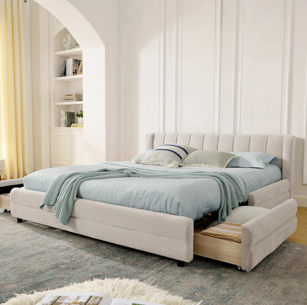 Letto matrimoniale 140x200 cm con 4 cassetti; porta USB e USB-C; in tessuto chenille beige