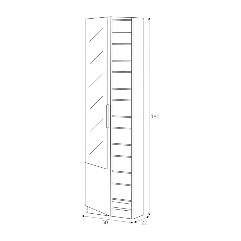 Scarpiera Euro, Armadio portascarpe alta a 1 anta, Mobile portascarpe moderno, Armadio da ingresso con specchio, cm 50x22h180, Rovere
