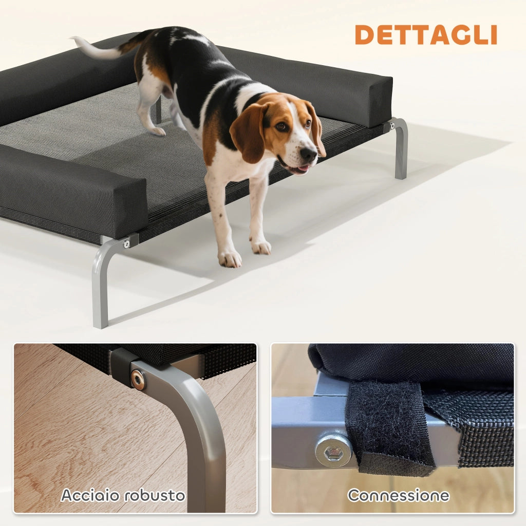 Brandina per Cani Rialzata 110x75x30 cm con Cuscino a U in Tessuto Nero e Argento