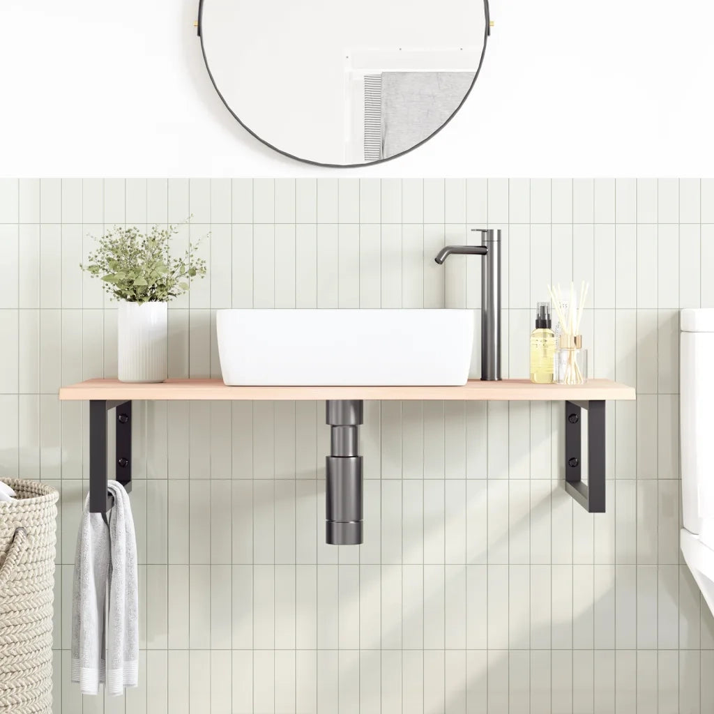 Ripiano a Parete per Lavabo in Acciaio e Massello di Rovere 3302601