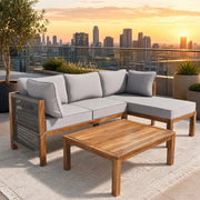 Set lounge da giardino 3 pezzi in legno grigio con cuscini sfoderabili e sedute in corda