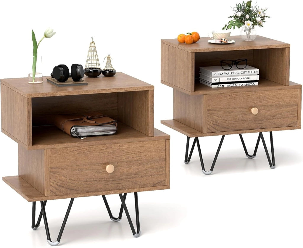 Set di 2 Comodini, Tavolini da Letto in Stile Moderno con Cassetto Rimovibile e Scomparto Aperto, Tavolini da Accento con Gambe in Metallo per Camera da Letto (Naturale)