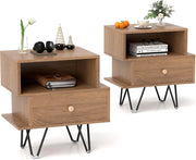 Set di 2 Comodini, Tavolini da Letto in Stile Moderno con Cassetto Rimovibile e Scomparto Aperto, Tavolini da Accento con Gambe in Metallo per Camera da Letto (Naturale)