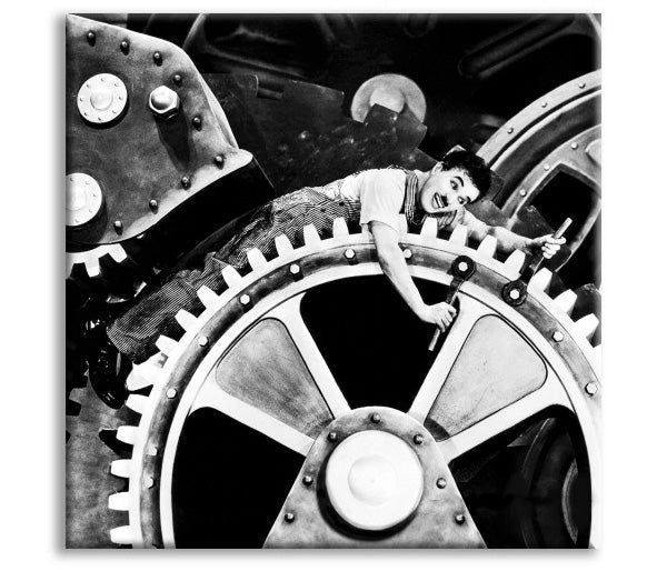Charlie Chaplin TEMPI MODERNI - Quadro stampa su tela montata su telaio in legno Misura: 130x130 cm
