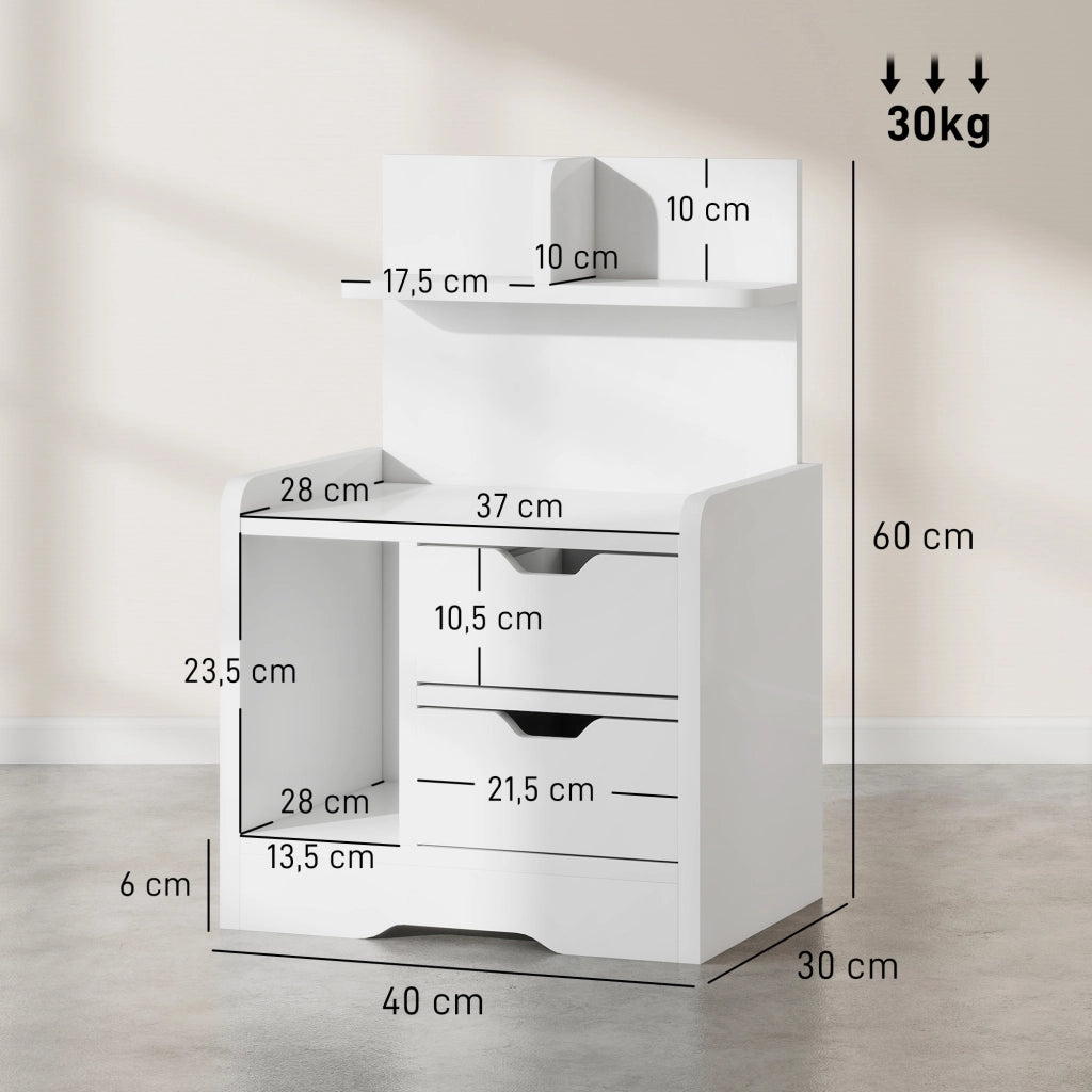 Comodino 40x30x60 cm con 2 Cassetti e Mensole Portaoggetti in Legno Bianco Lucido