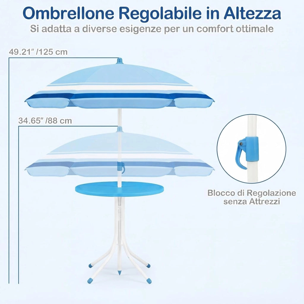 Set Tavolo e Sedie da Giardino per Bambini con Ombrellone (Blu) | Set da Esterno per Bambini 4 Pezzi con Tavolino Rotondo, 2 Sedie Pieghevoli e Ombrellone Regolabile in Altezza per Campeggio