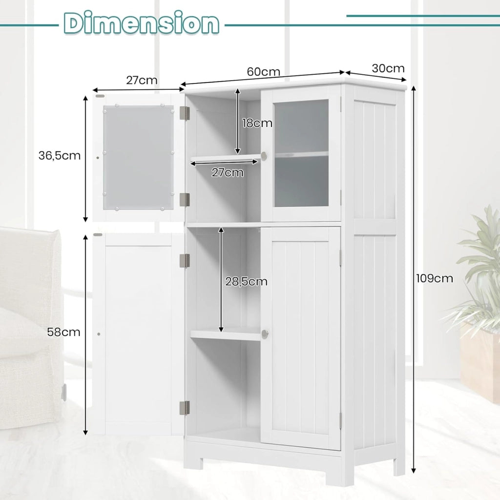 Armadietto da bagno, 60 x 30 x 109 cm, armadietto da bagno con 4 ante e ripiano regolabile, per bagno, cucina e soggiorno (bianco, modello A)