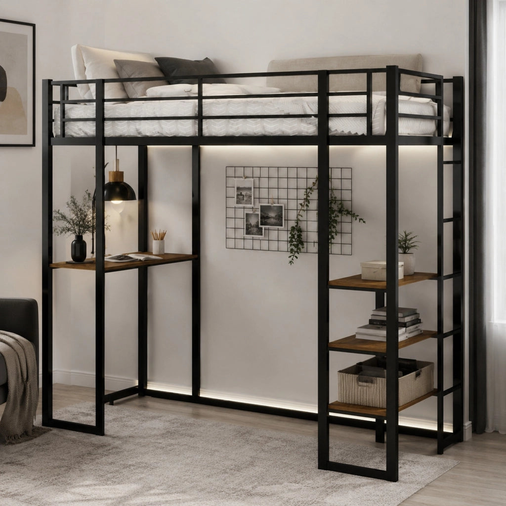 Letto a soppalco con scrivania e scale su entrambi i lati in ferro nero