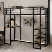 Letto a soppalco con scrivania e scale su entrambi i lati in ferro nero