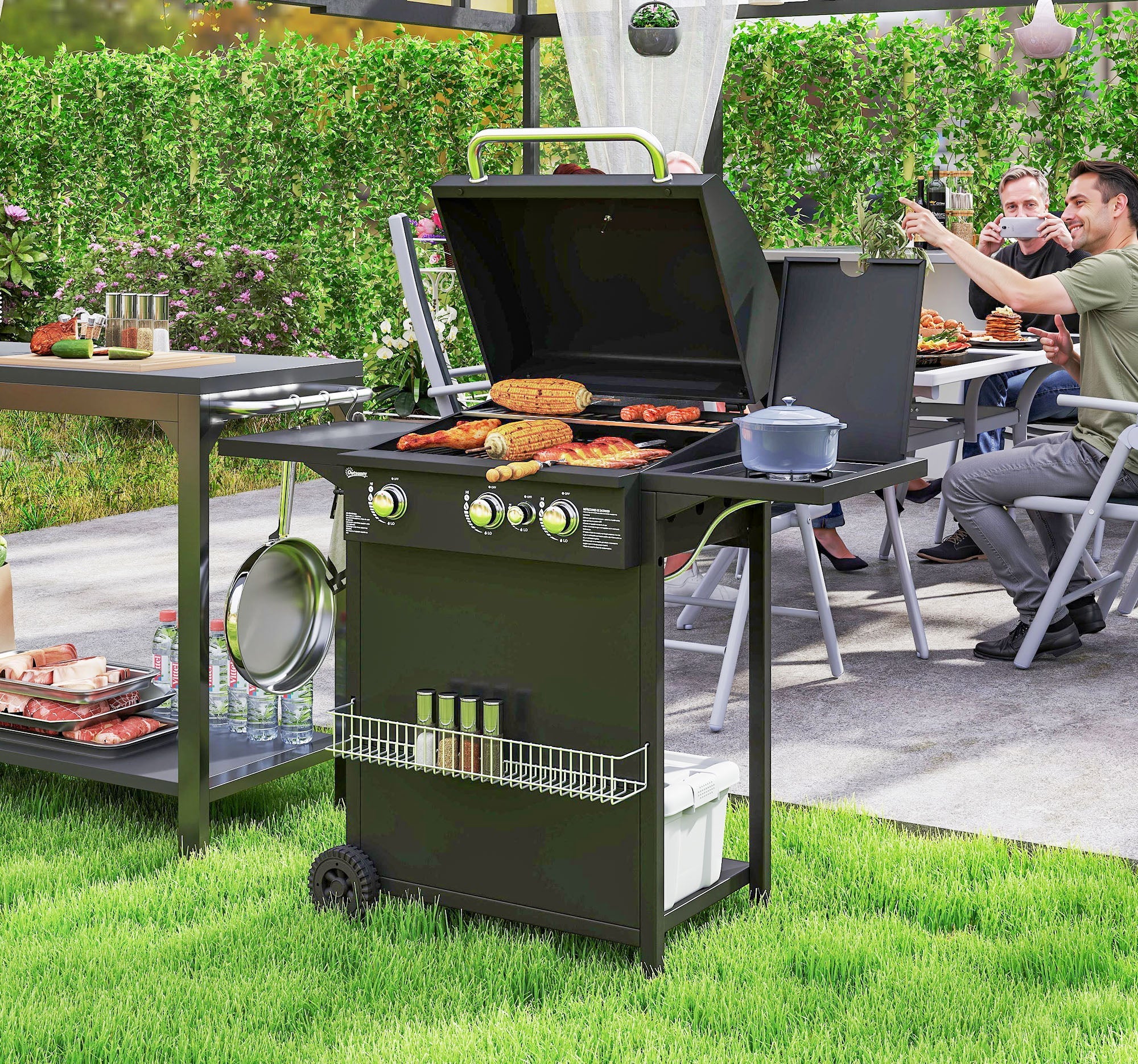 Barbecue a Gas con Bruciatori Indipendenti Coperchio con Termometro e Tavolino Laterale Nero