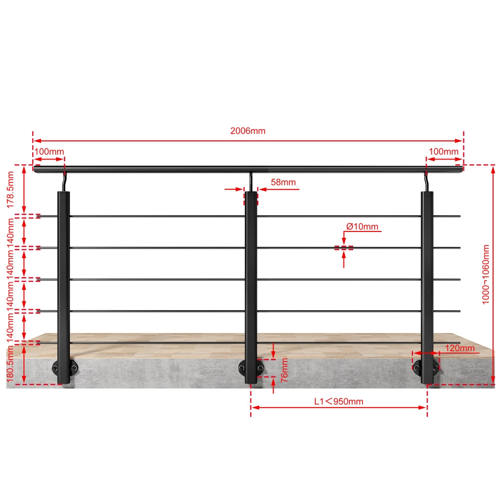 Ringhiera kit in alluminio , Corrimano per scala Lungh. 200 cm, Montaggio laterale, uso interno ed esterno, nero opaco