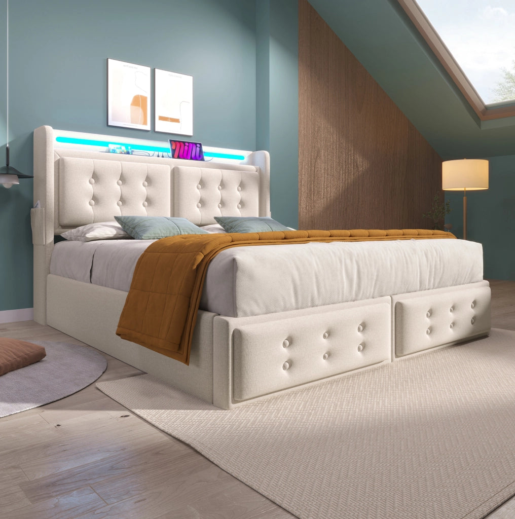 Letto matrimoniale 160x200 cm con LED; presa USB e materasso; beige in tessuto cotone-lino