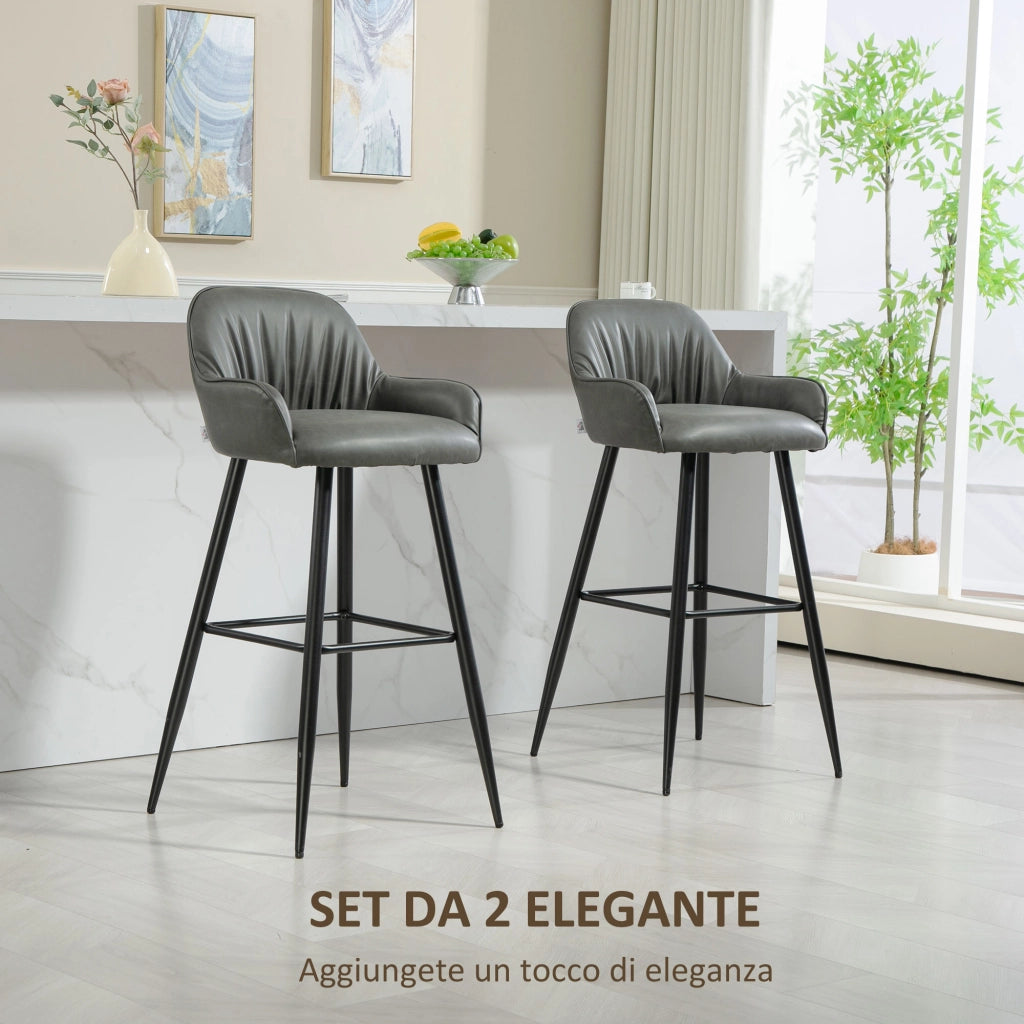 Set 2 Sgabelli da Bar con Schienale in Finta Pelle PU Grigio