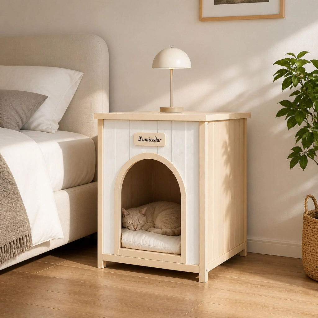 Cuccia per cani con cuscino removibile per interni in legno; finitura bianco crema 64.6×57.8×20.1 cm