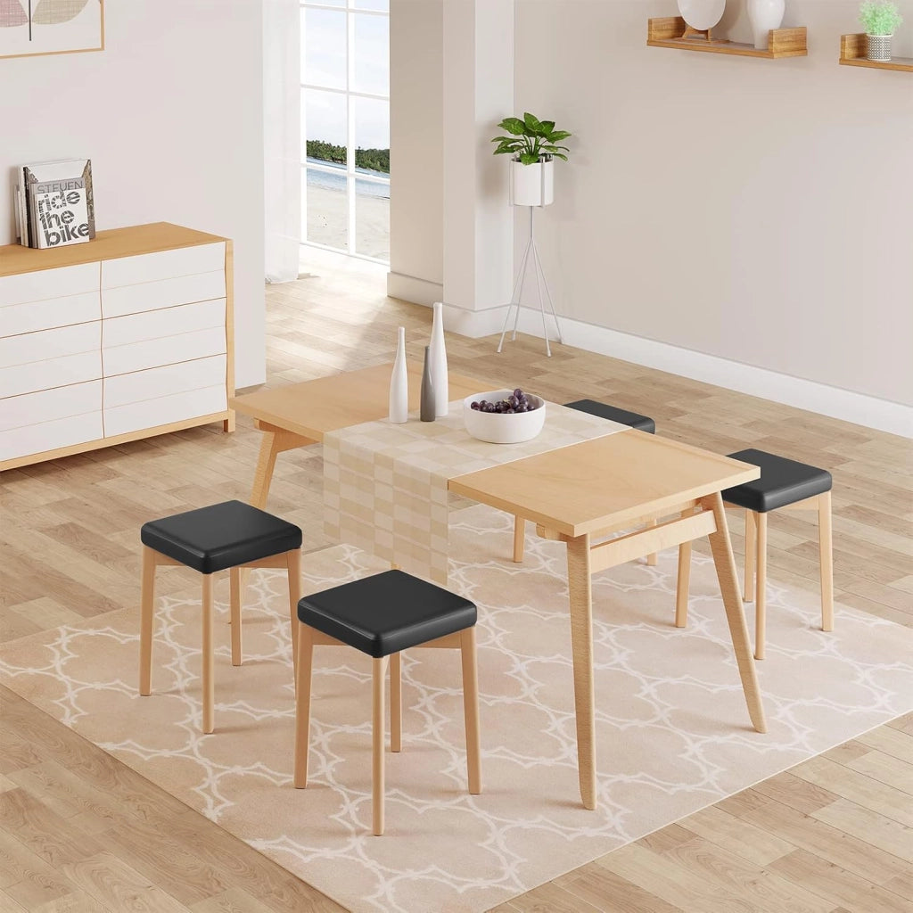 Sedie per Sala da Pranzo, Sgabelli in Legno Massiccio con Seduta Imbottita e Rivestita in PU, Sgabelli da Cucina Moderno Salvaspazio, 32,5x32,5x47cm, Colore Legno e Nero BH345sz-6