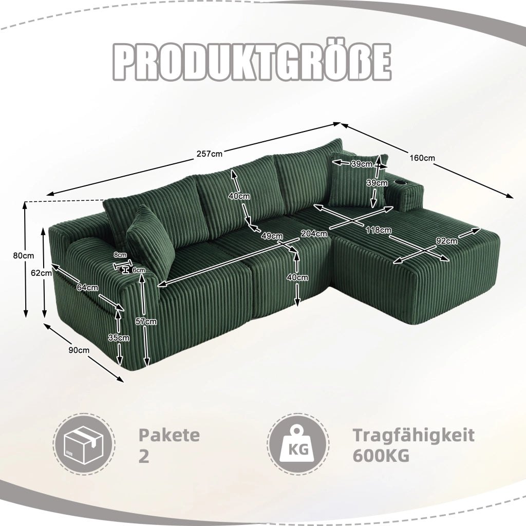 Divano modulare con chaise longue e 2 posti; tasche laterali; portabicchieri; 5 cuscini; in velluto a coste; verde smeraldo