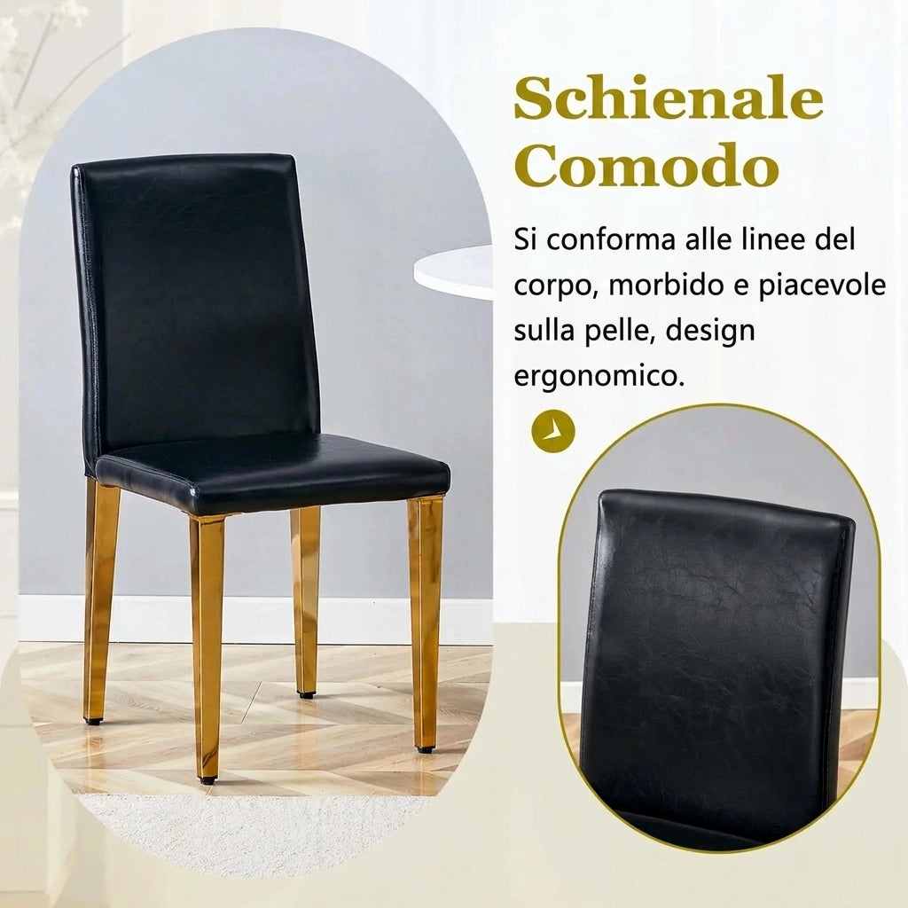 Set di 4 sedie da pranzo 41x47x90 cm; ecopelle nera e metallo oro