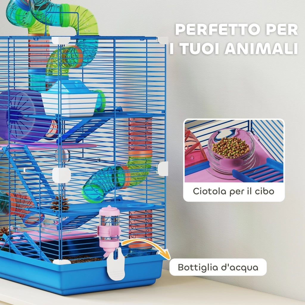 Gabbia per Criceti a 5 Livelli con Tubi. Ruota. Scale. Casetta e Bottiglia. 46x30x58 cm