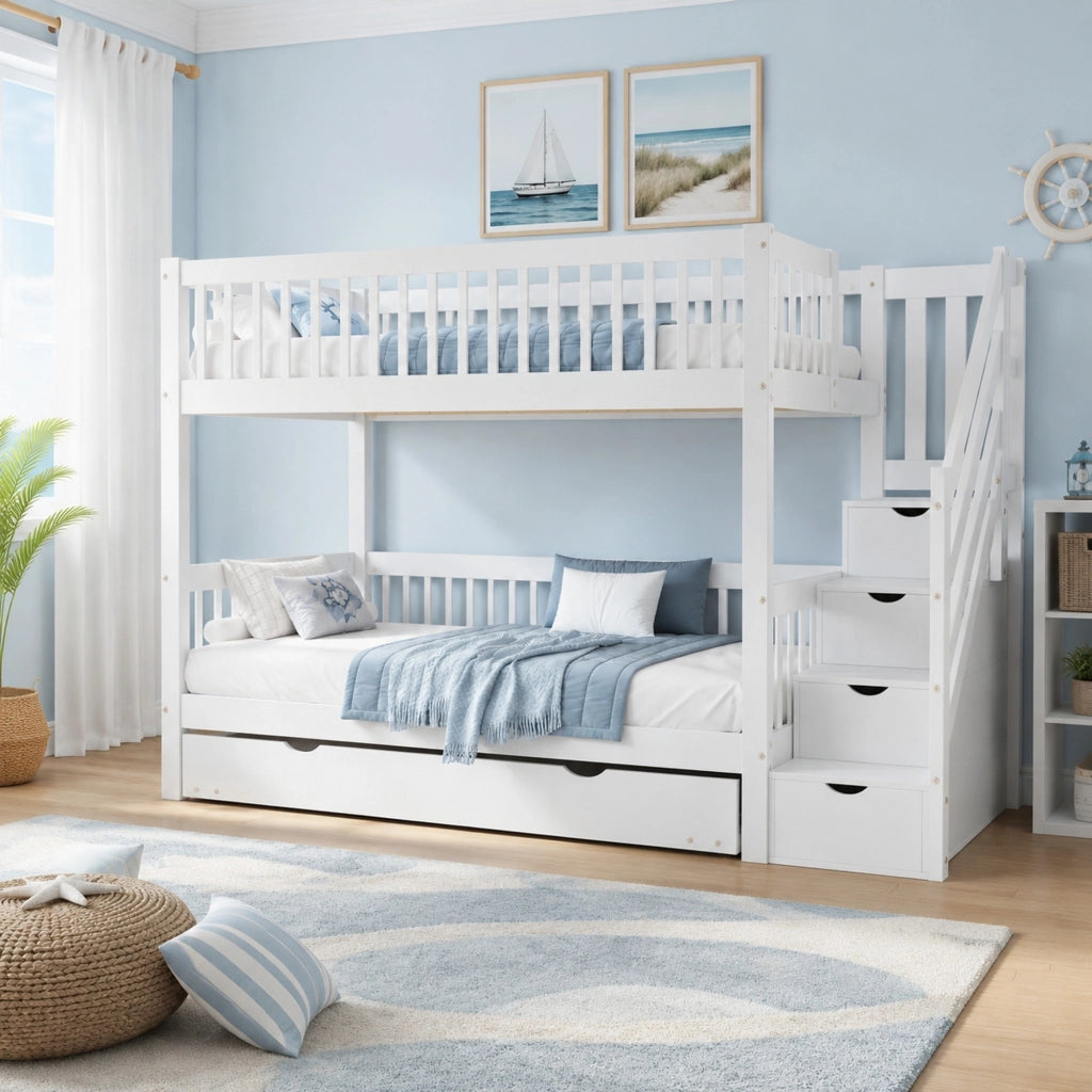Letto a castello con letto estraibile, scaletta con contenitore e protezioni