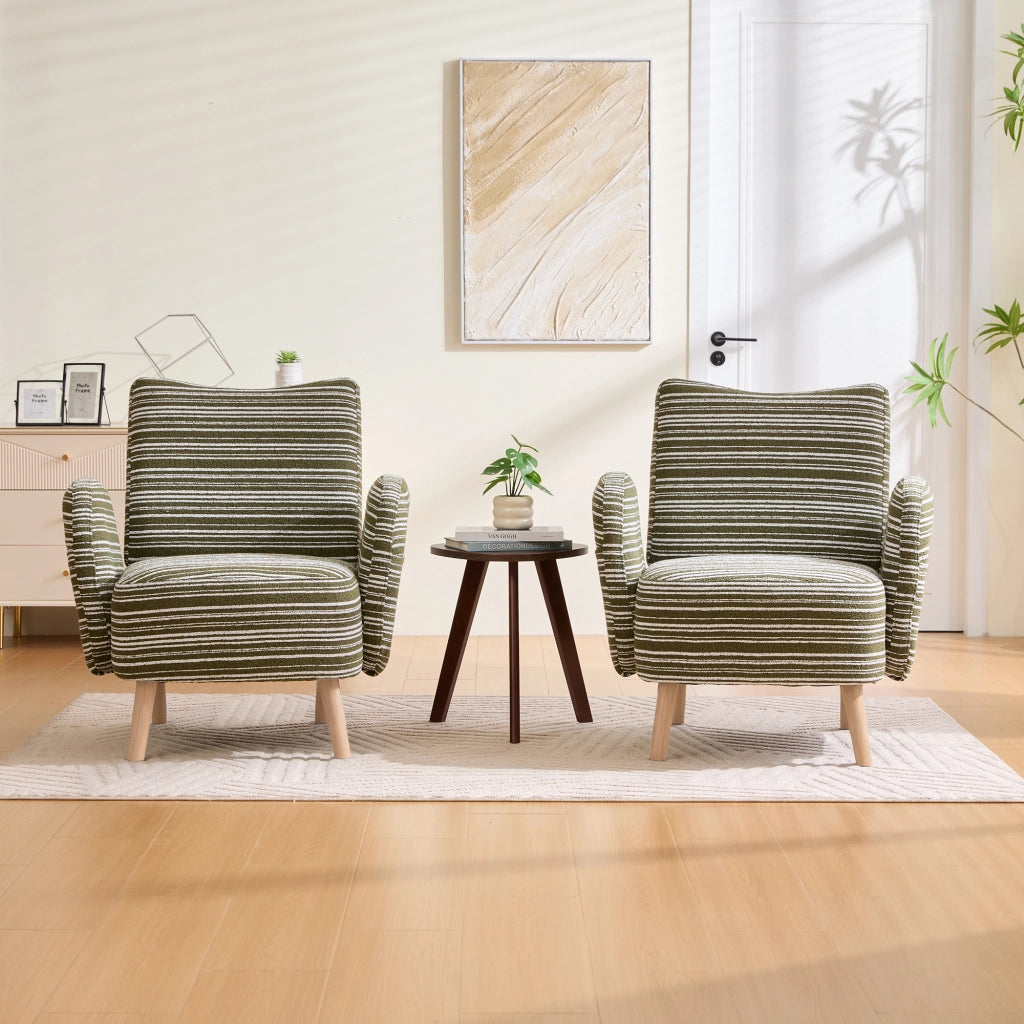 Poltrona da Lettura con Tasca Laterale; Comfort Ergonomico; Gambe in Legno Massello in Bouclé Verde Oliva