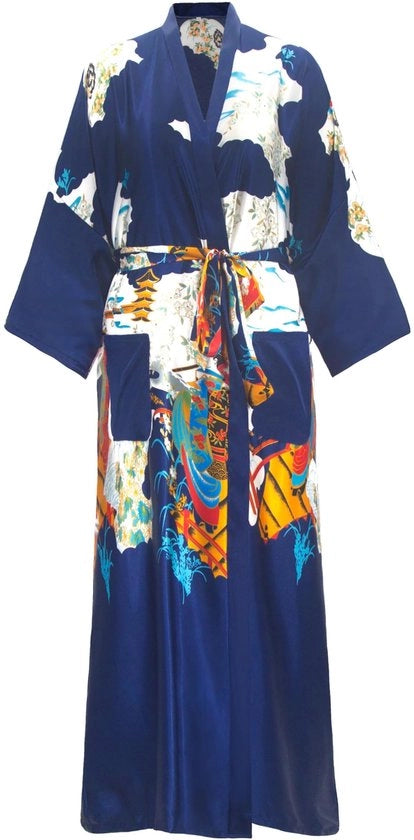 Kimono Badjas Donne Lunghe XL Taglie Grande Satin Kamerjas Leggero Kimono Giapponese Yukata Pagoda Blu Marina
