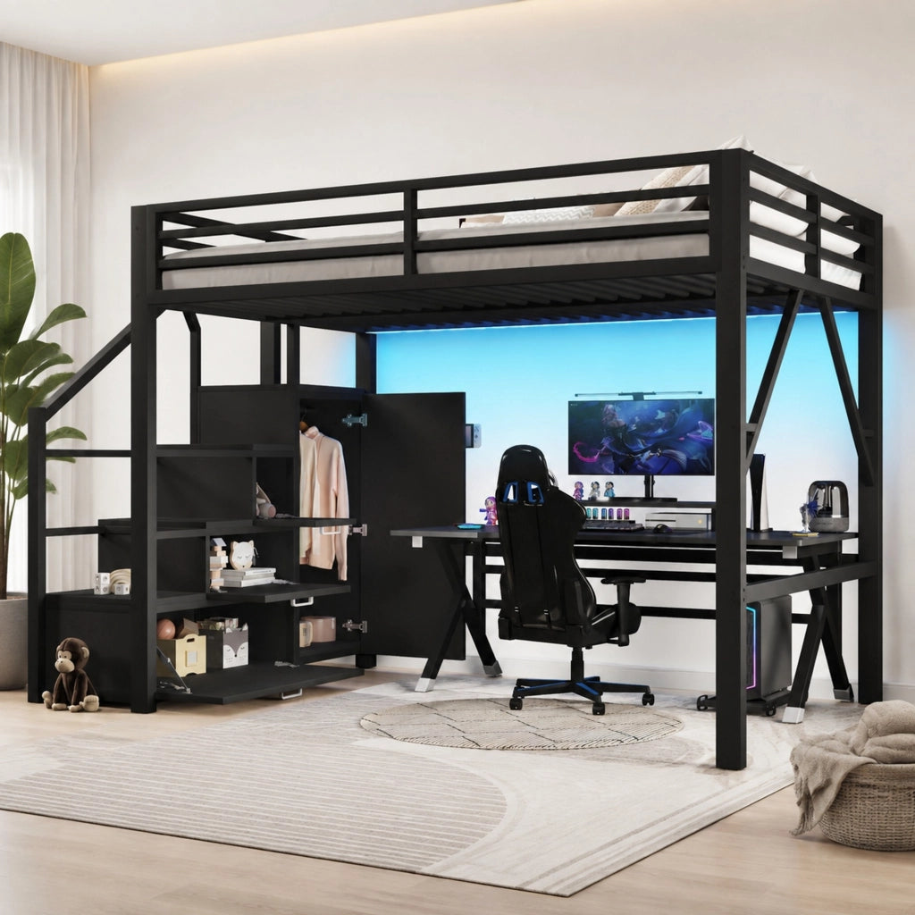 DESMIU Letto a soppalco 140 × 200 cm 2 posti con LED, armadio, scala contenitore, senza materasso, nero