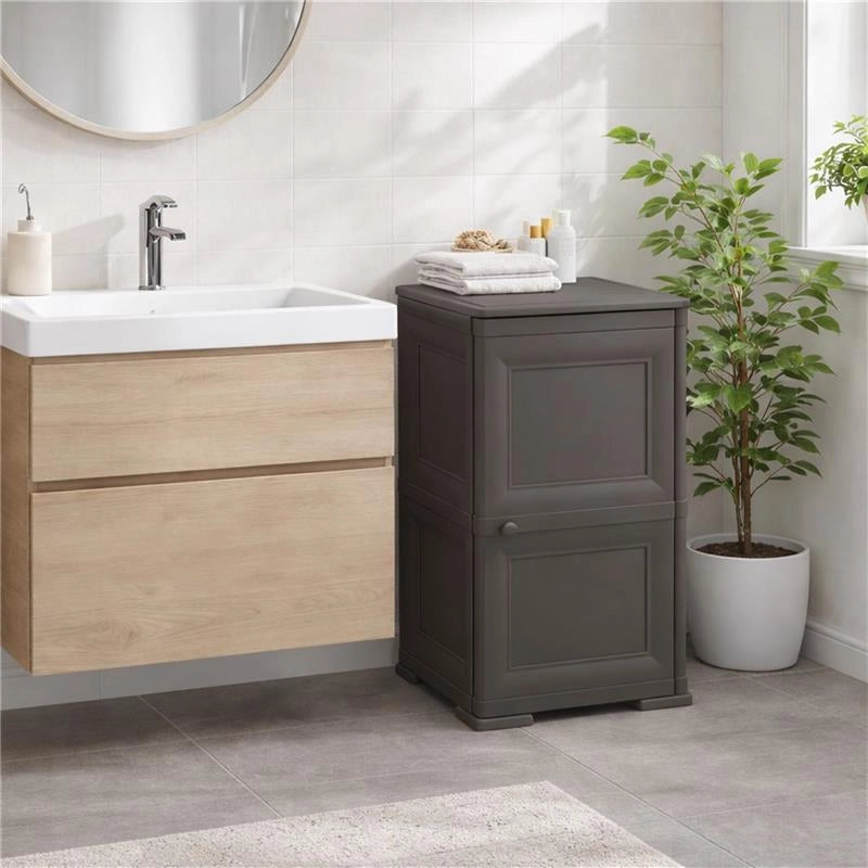MOBILE BAGNO SALVASPAZIO 2 ANTE IN PLASTICA WENGÉ 40X43X85,5 CM – ARMADIETTO CONTENITORE CON RIPIANO INTERNO PER ASCIUGAMANI, CARTA IGIENICA E ORGANIZZAZIONE BAGNO